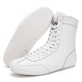 Black gold mesh and white leather professional boxing shoes with non-slip sole for wrestling training