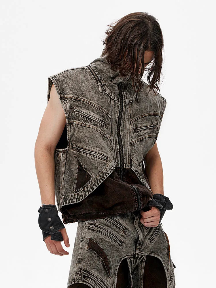 Men's denim vest with front zipper closure and sleeveless cotton construction