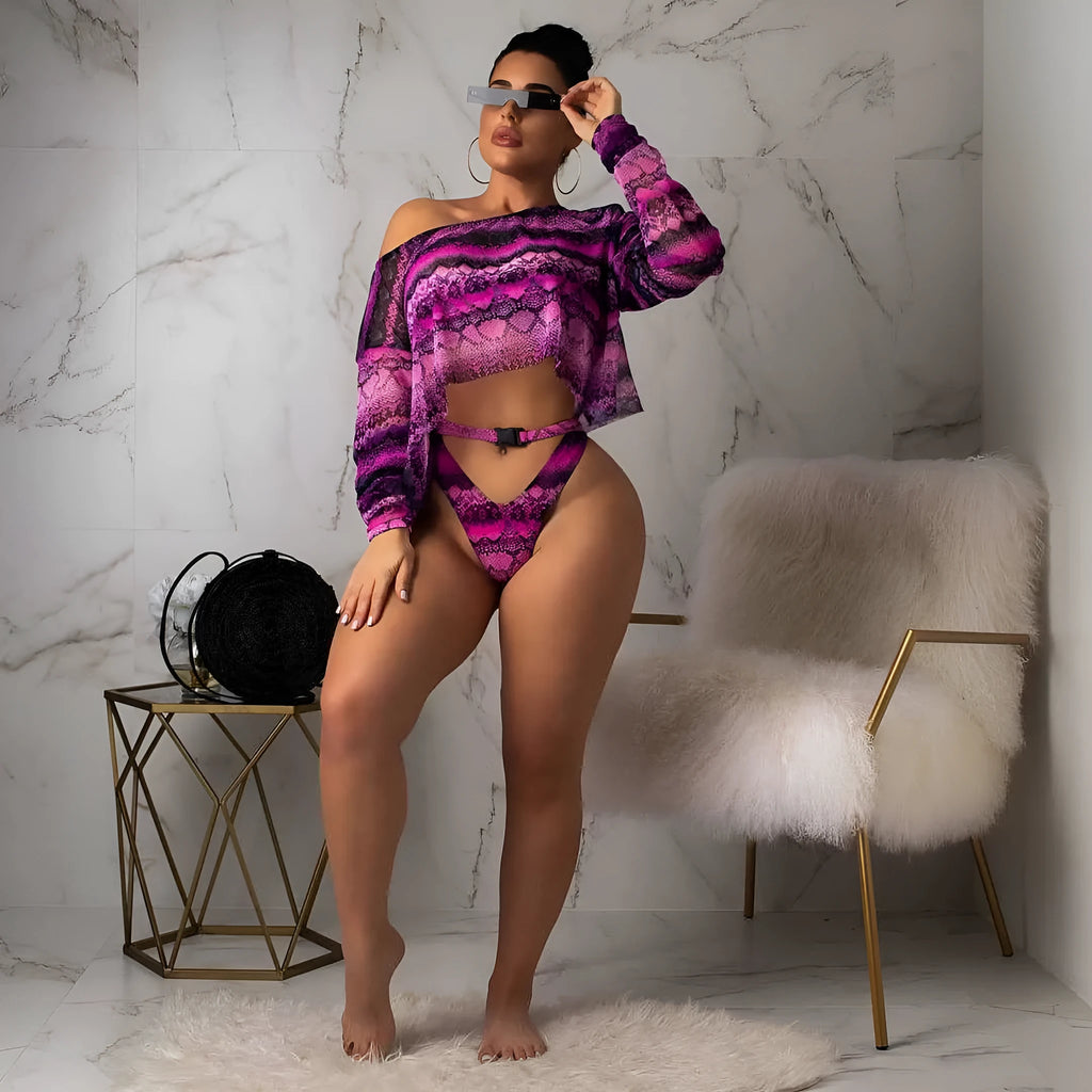 Women's snakeskin print three-piece bikini suit with long sleeve top and shorts in blue