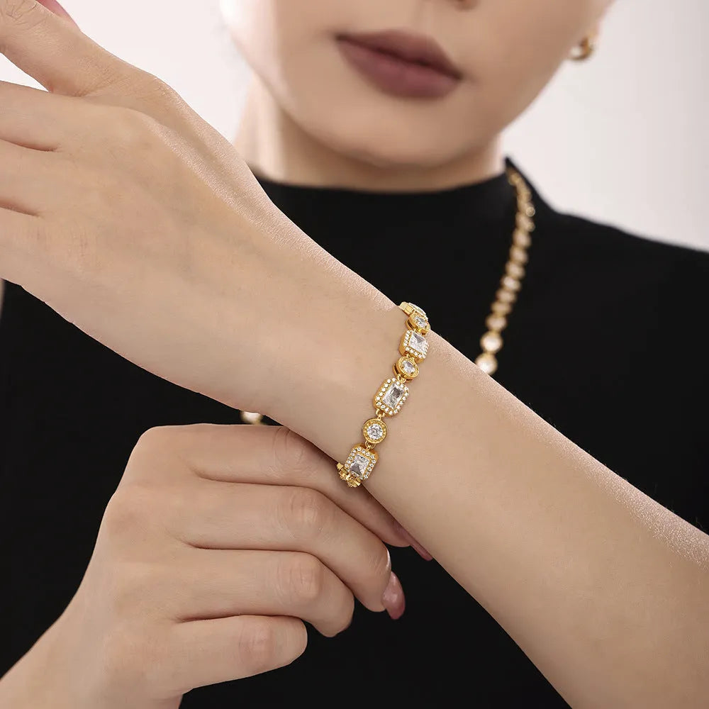 European American fashion titanium steel bracelet with square inlaid zircon rhinestones, geometric design, gold colour finish