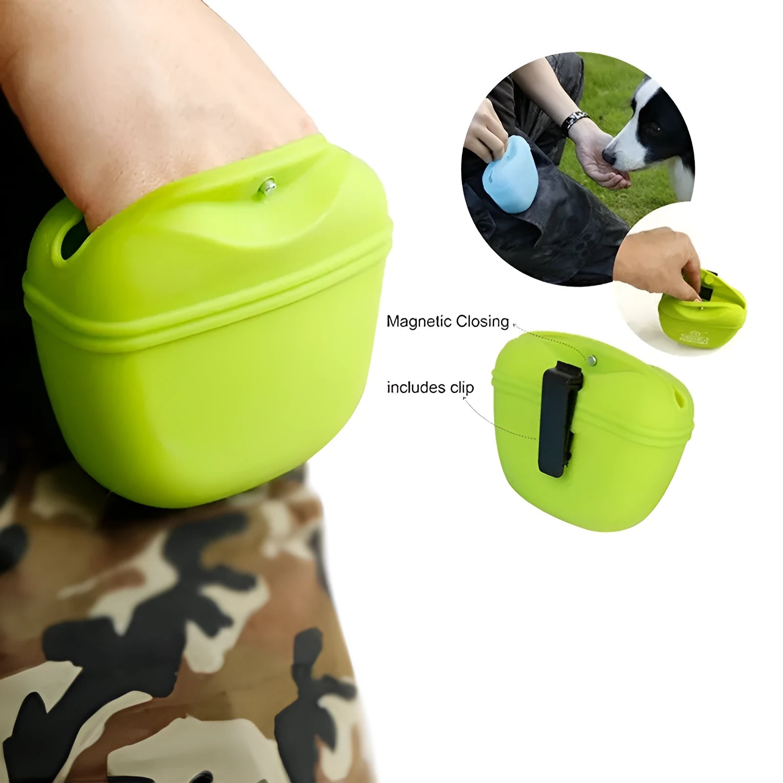 Silicone dog training treat pouch with magnetic closure and metal clip in assorted colours.