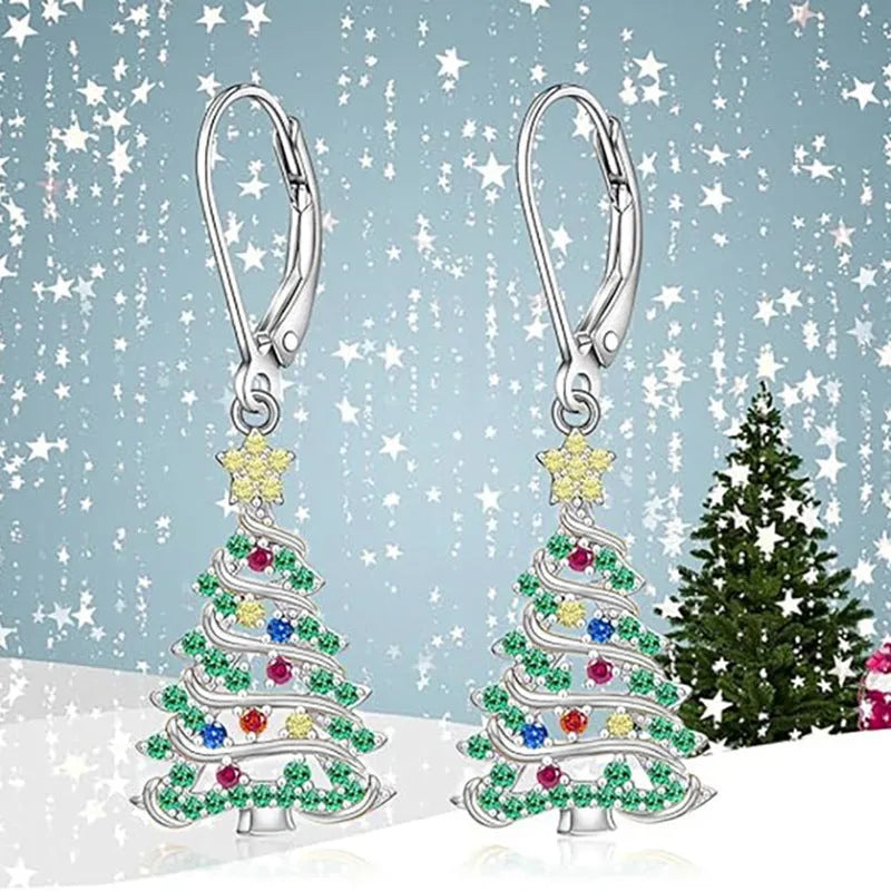 White gold colour Christmas tree earrings with star-shaped copper design for women