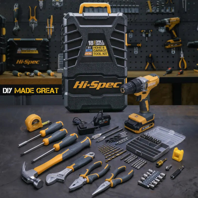 Grey yellow US style tool kit case open to show 82 chrome-vanadium steel tools for furniture installation.