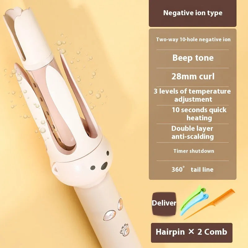 Beige coloured automatic hair curler with anion technology and wired power cord for curly hair styling