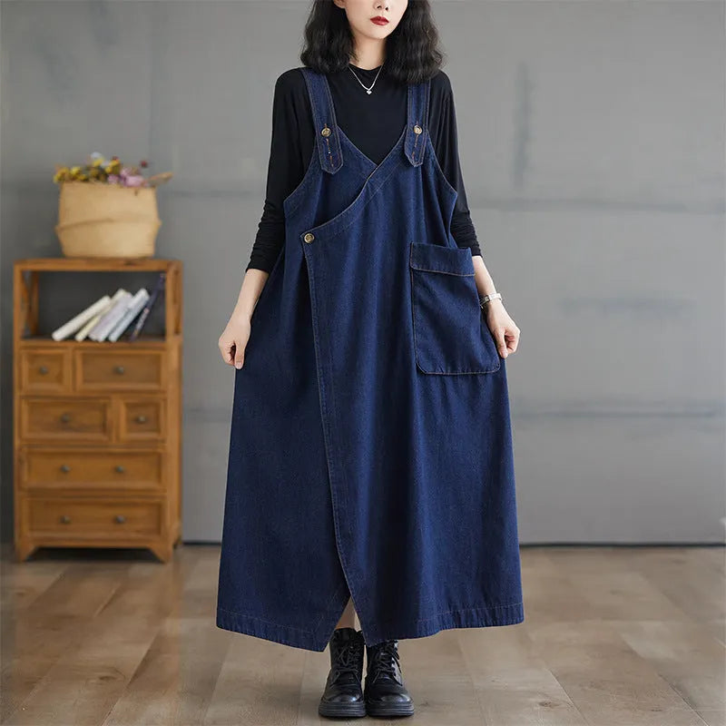 Blue loose fit denim suspender skirt for women in size L to XXXL