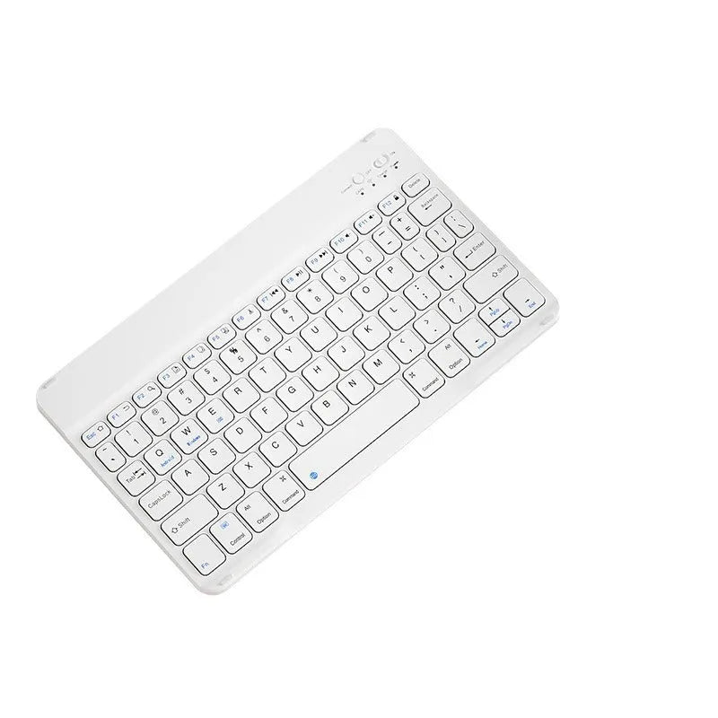 Bluetooth keyboard and matching rechargeable mouse set in elegant pink colour on a desk next to a tablet.