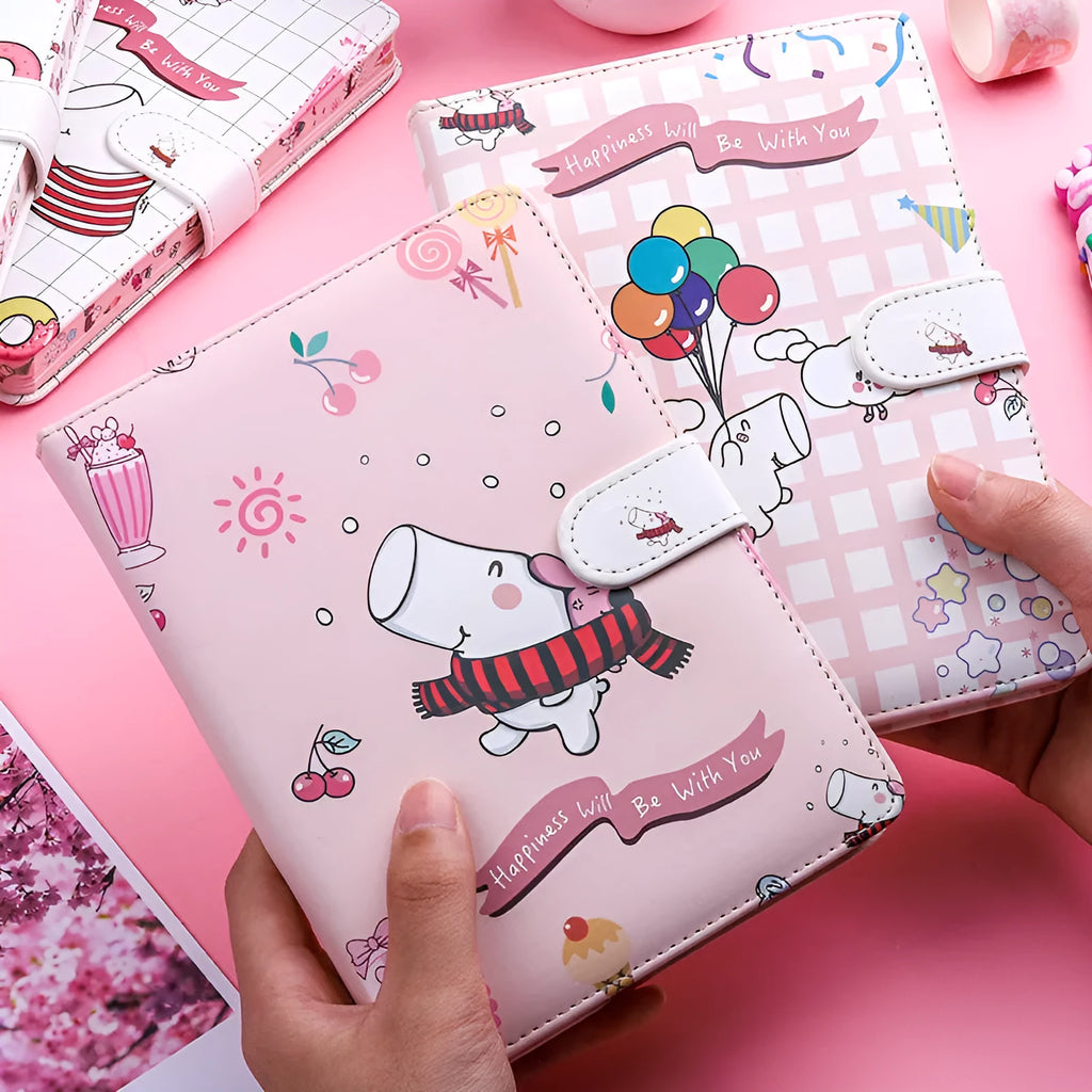 Small white Kaba Bear notebook with magnetic buckle and cute heart design on PU cover.