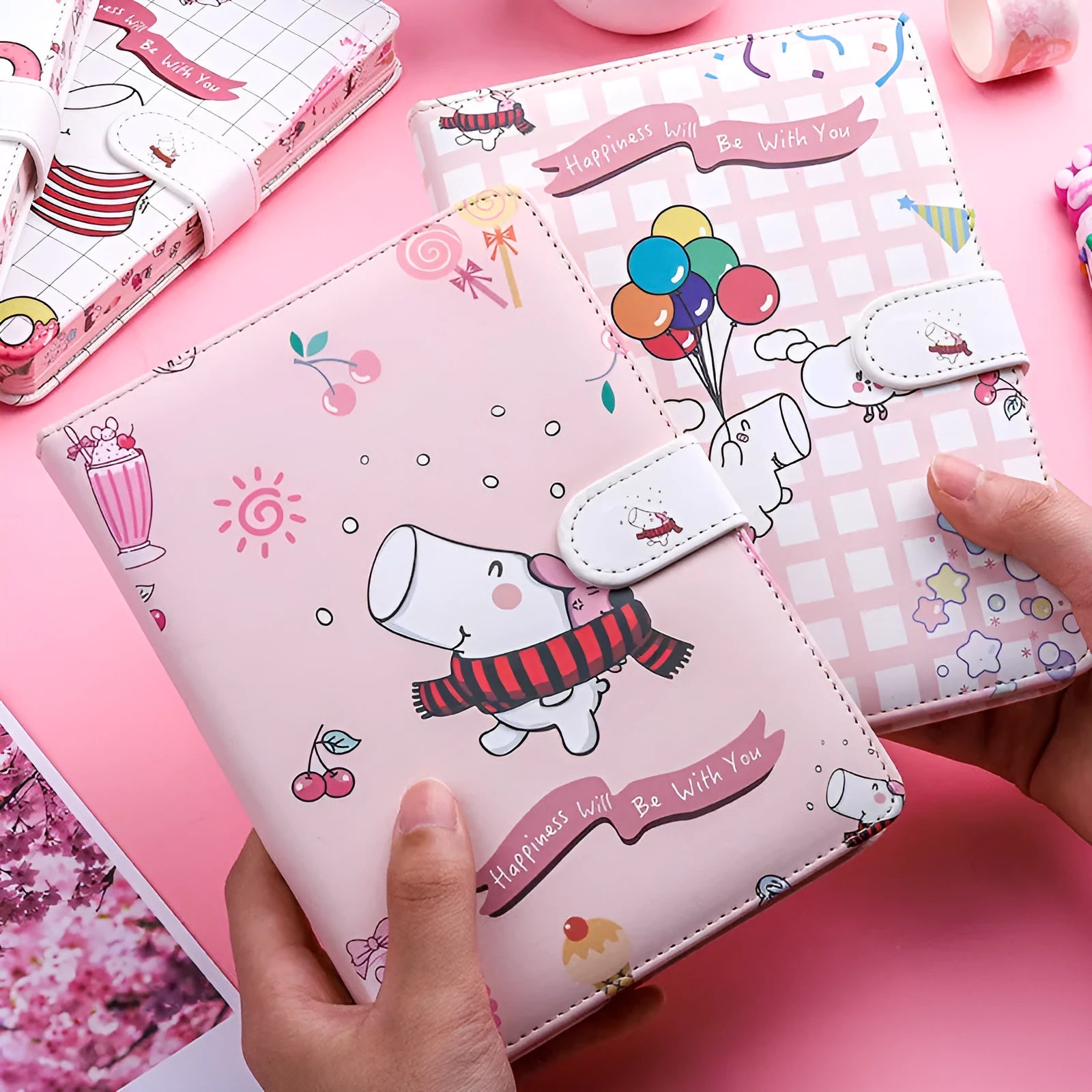 Small white Kaba Bear notebook with magnetic buckle and cute heart design on PU cover.