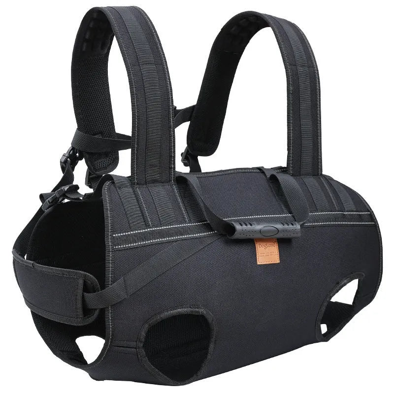 Black Oxford cloth dog backpack for medium and large breeds showing soft construction