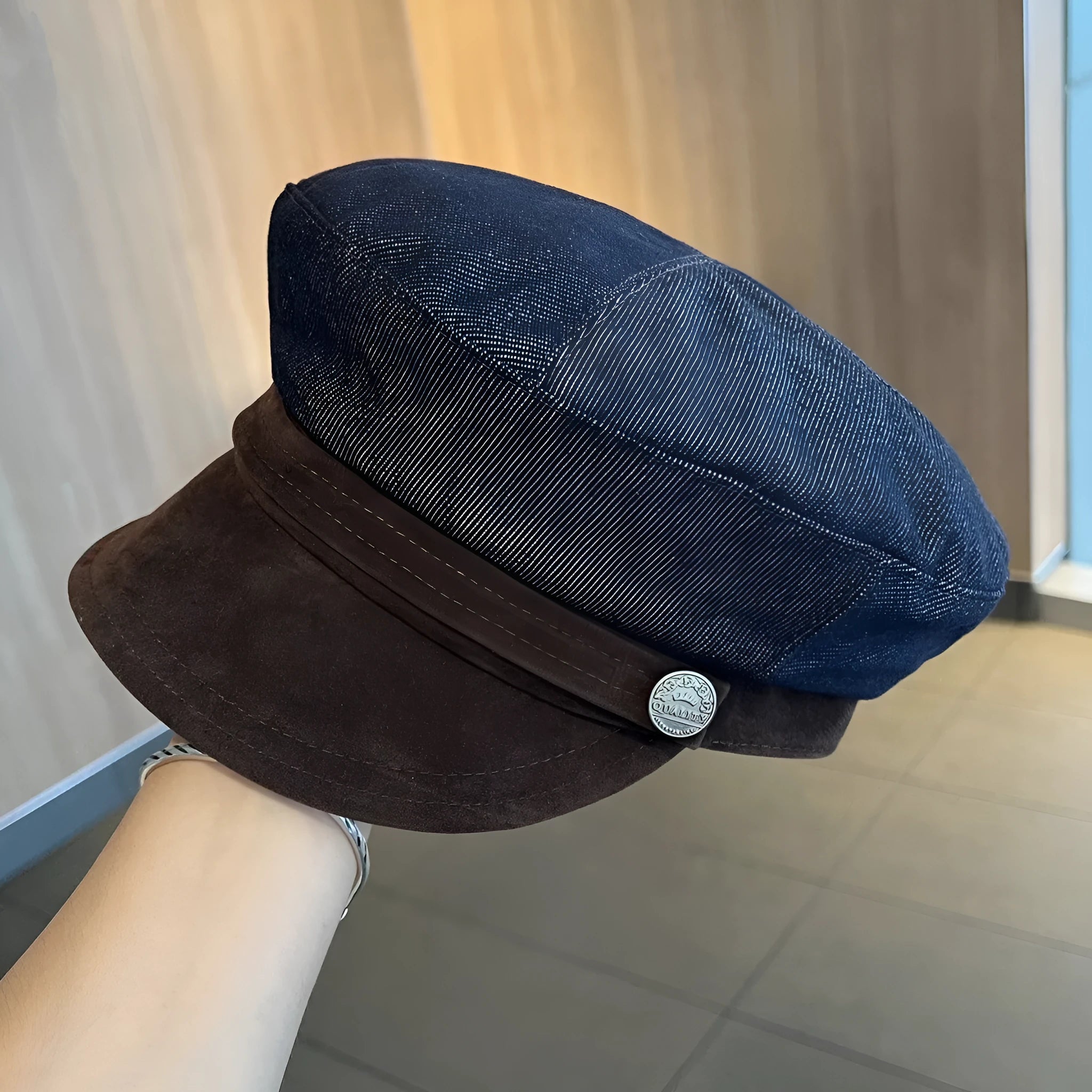 Adjustable denim octagonal newsboy hat in dark blue with coloured brim options