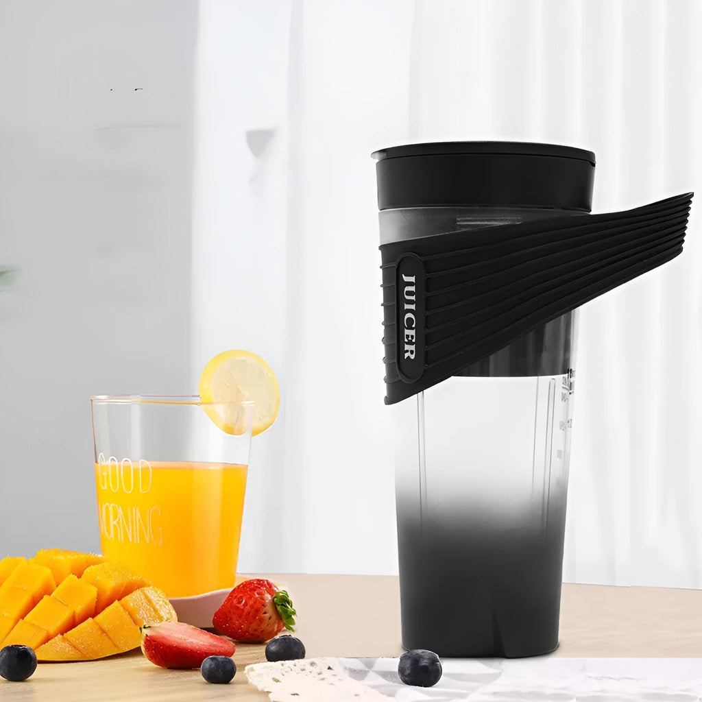Portable rechargeable blender in black with USB charging cable, cup brush, and straw on a white background