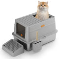 Large grey enclosed cat litter box with pedal-operated lid and stainless steel components