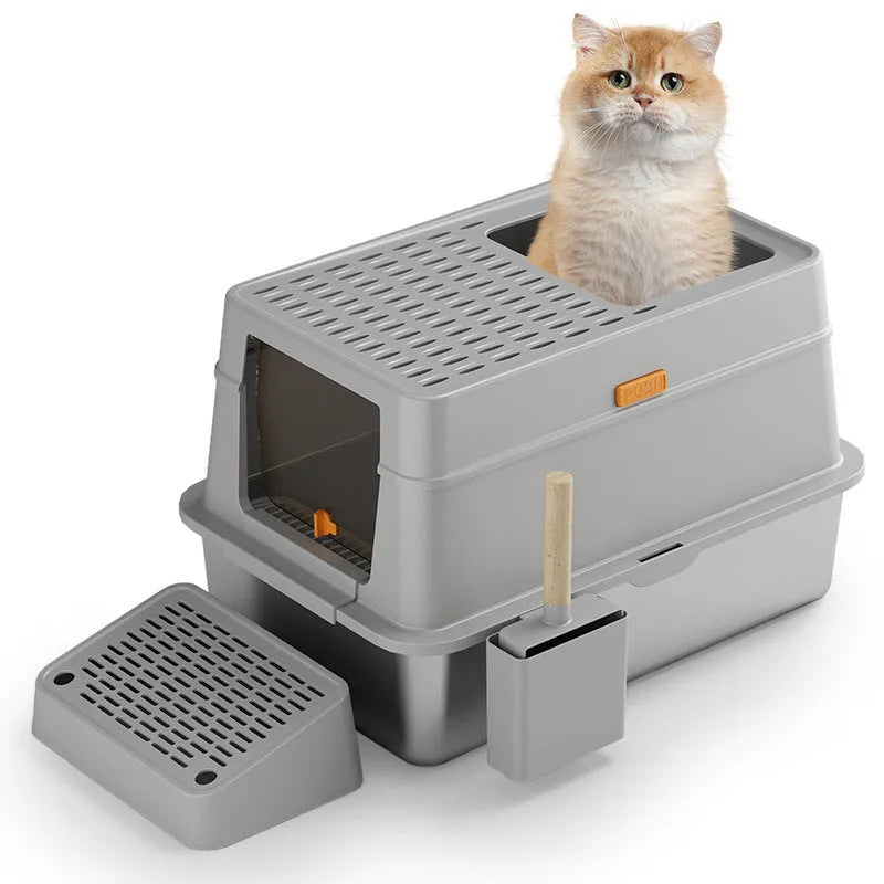 Large grey enclosed cat litter box with pedal-operated lid and stainless steel components