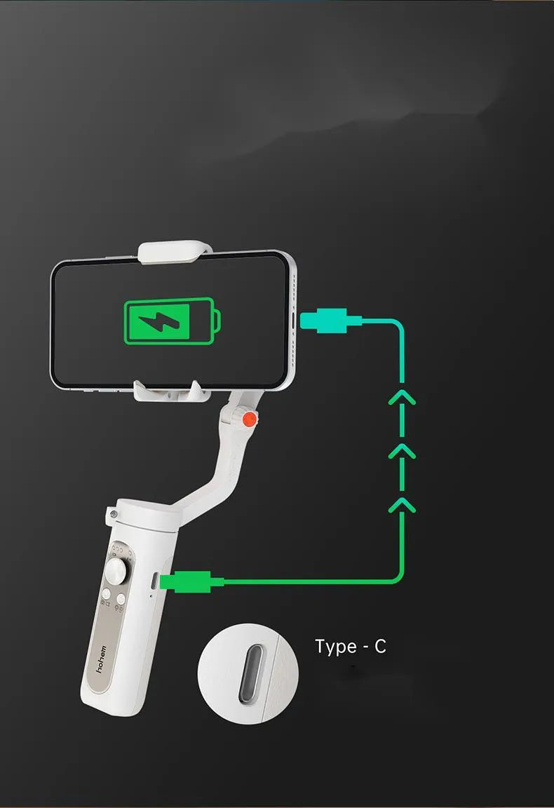 Black and white 3-axis mobile phone stabiliser shown folded to 179mm size with USB charging port