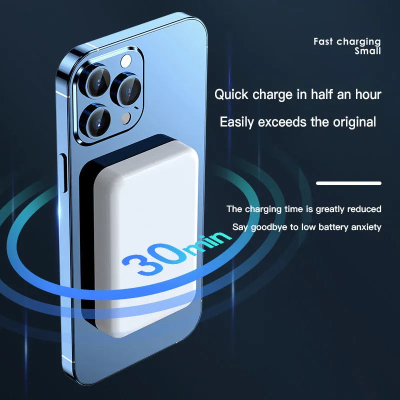 Pink, purple, and white magnetic wireless power bank showing 20000mAh capacity and dimensions.