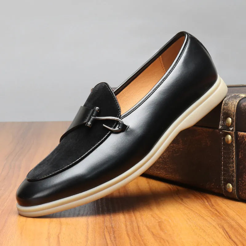 Breathable casual men's leather shoes in black, brown, and white with flat heel and round toe rubber sole