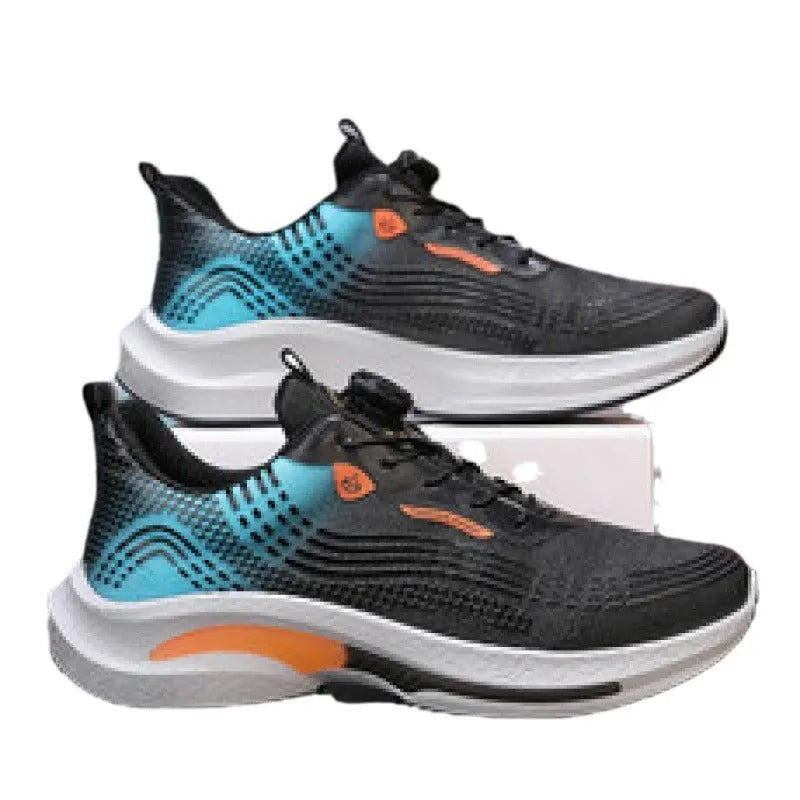 Men's white and blue low-top sneaker with mesh lining and a rotating buckle closure on a rubber sole.