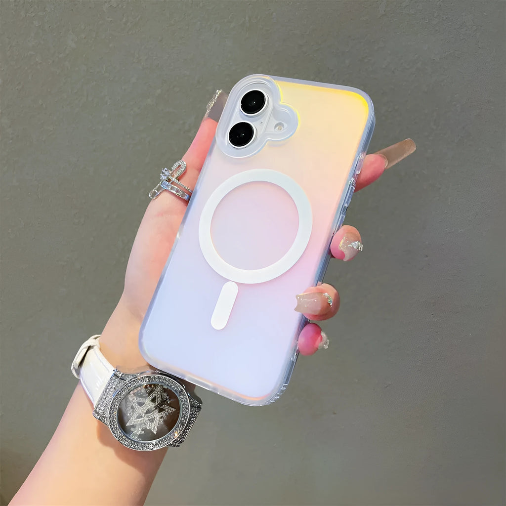 Laser gradient frosted magnetic phone case for iPhone 17 models on a table.