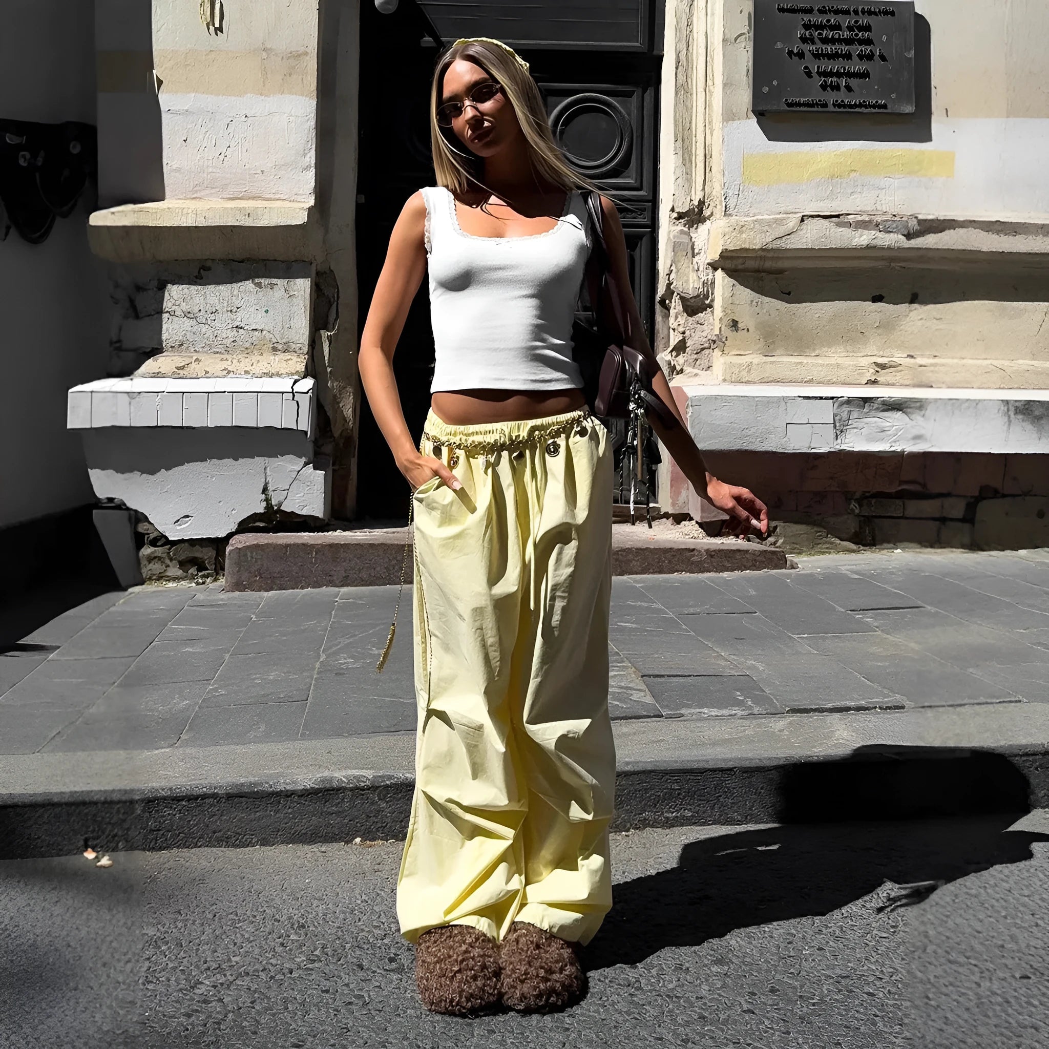 Women's yellow cotton drawstring straight leg loose casual trousers, mid waist, sizes S M L, European American style work clothes