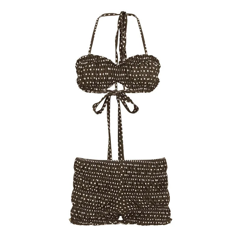 Brown polka dot sleeveless strap top and shorts set for women, sizes S M L, polyester summer outfit