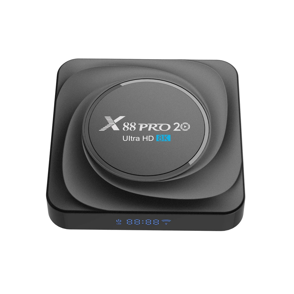 Set-top dual-band WiFi Bluetooth TV box with remote control and HDMI cable on table