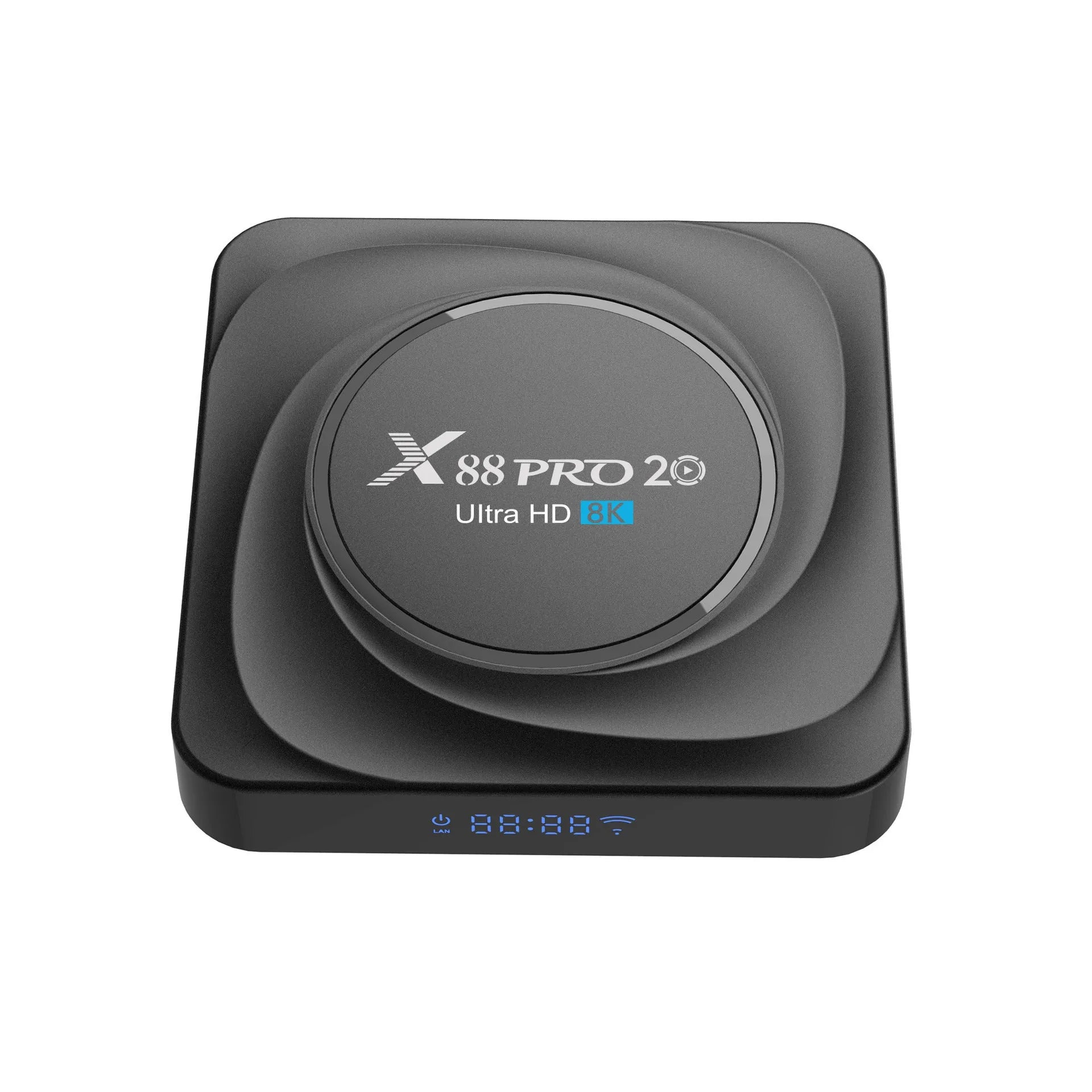 Set-top dual-band WiFi Bluetooth TV box with remote control and HDMI cable on table