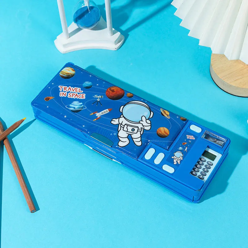 Multifunctional plastic pencil box with double-sided opening and calculator in colour options