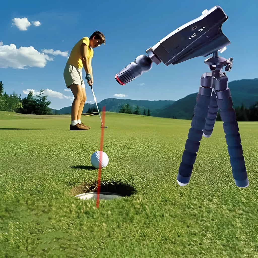 Golf putter laser aiming instrument shown in one of its four style configurations for alignment training.