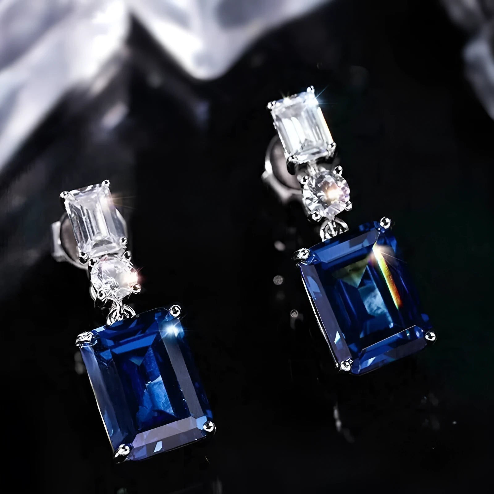 Blue contrast zircon earrings in geometric copper frame with electroplated blue finish