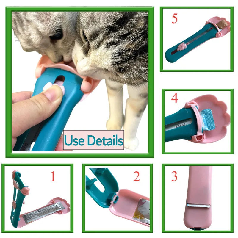 Green and pink pet food dispenser spoon with silicone squeezer tube for liquid cereal feeding