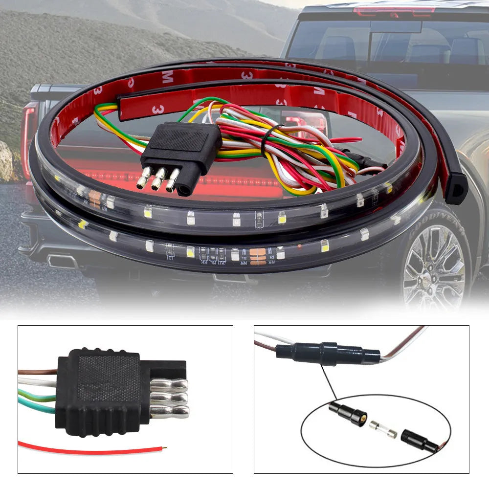 60-inch LED two-color turn signal light strip for pickup tailgate with IP68 waterproof rating and 4PIN connector