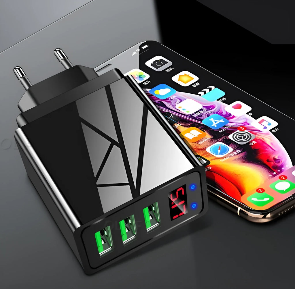 Digital display travel charger with three USB ports and interchangeable EU UK US plugs in black