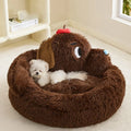 Plush sofa bed for small dogs and cats, shown in medium and large sizes.