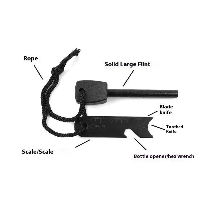 Black outdoor survival multi-tool showing magnesium rod flint and stainless steel scraper with multiple functions.