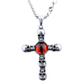 Stainless steel skull red eye cross pendant necklace with polished finish on 60cm square pearl chain, steel colour