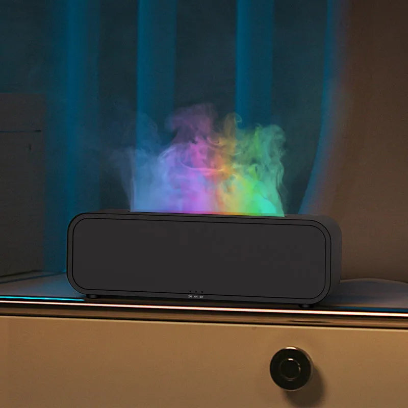 Black and white USB aroma diffuser showing flame dynamic light effect and remote control.