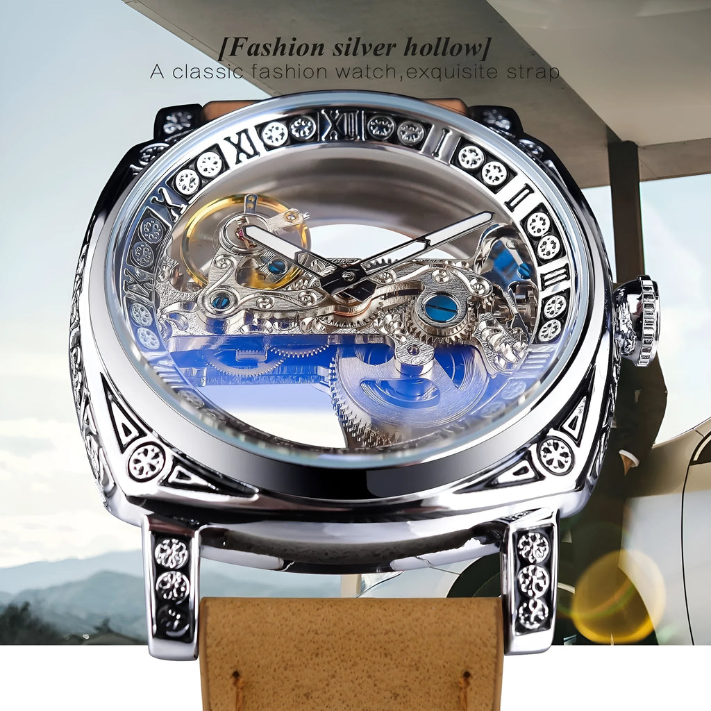 Hollow mechanical watch for men business style GMT1235-3 15mm thickness open-worked dial