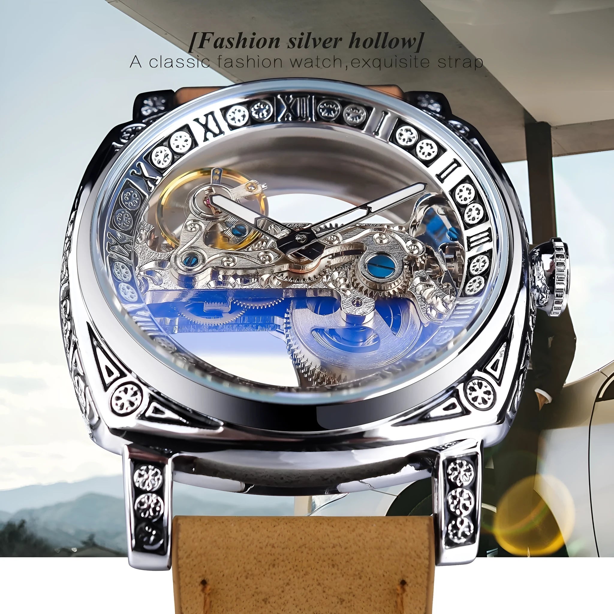 Hollow mechanical watch for men business style GMT1235-3 15mm thickness open-worked dial