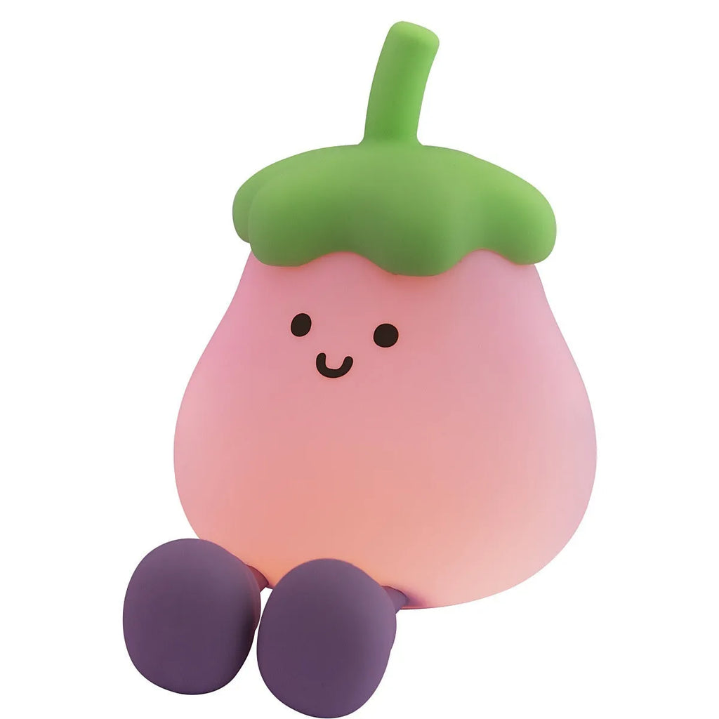 Cartoon eggplant and broccoli character night lamps with soft yellow ambience lighting