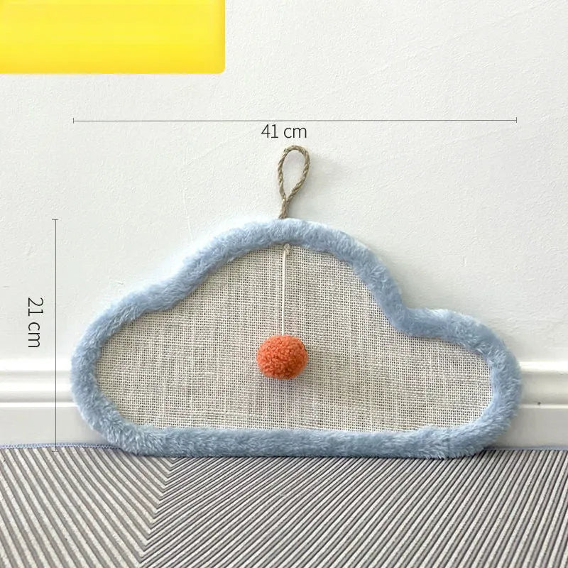 White wall-mounted cat scratching mat with cartoon sleeping cat design made from natural sisal fibre
