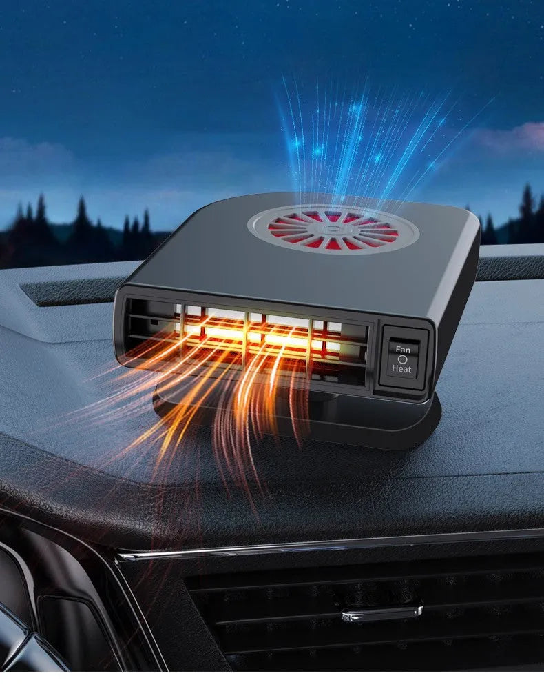 Compact black ABS plastic vehicle-mounted heater with adjustable vents on a car dashboard.