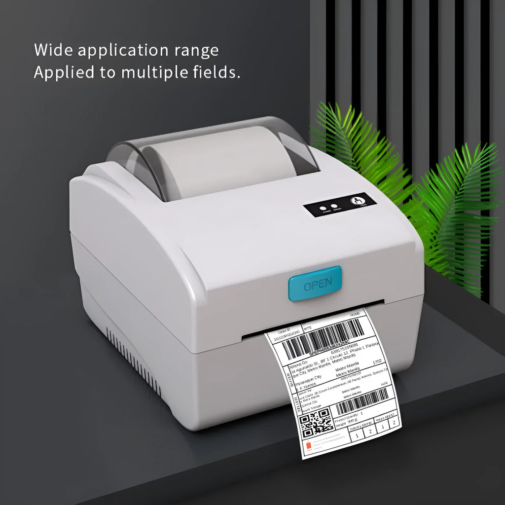 White Bluetooth thermal label printer with compact 200mm desktop dimensions