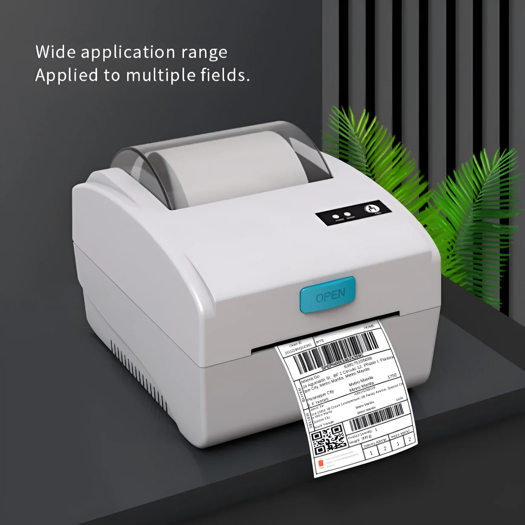White Bluetooth thermal label printer with compact 200mm desktop dimensions