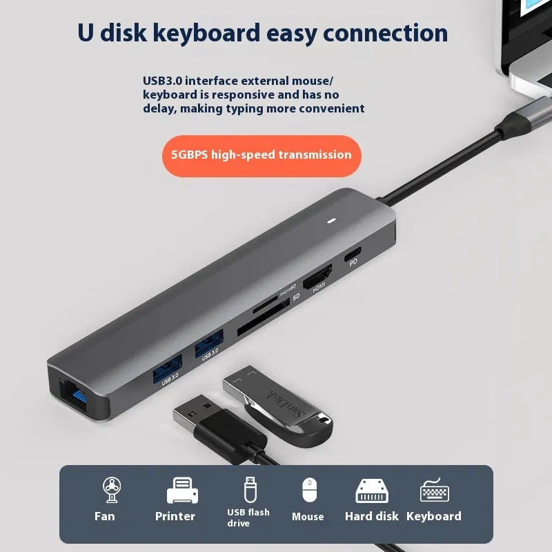 LQT-LH07 7-in-1 USB-C PD charging and card reader hub for laptops on a desk.