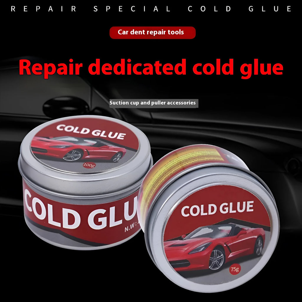 Tube of specialised cold glue for automotive paintless dent repair (PDR) on a car panel.