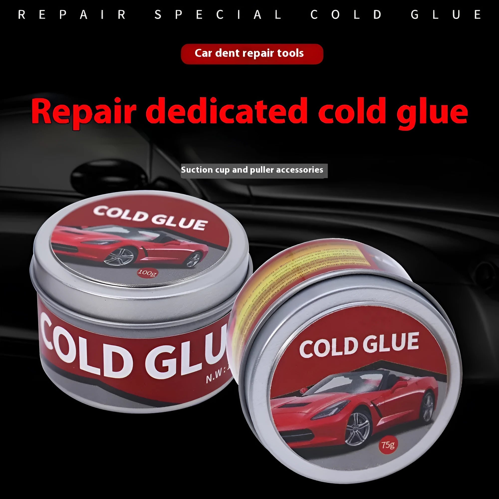 Tube of specialised cold glue for automotive paintless dent repair (PDR) on a car panel.