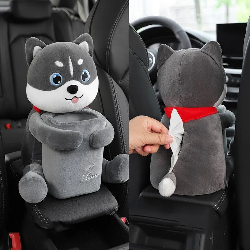Plush car tissue box and trash can two-in-one unit in pink soft rabbit design on car centre console