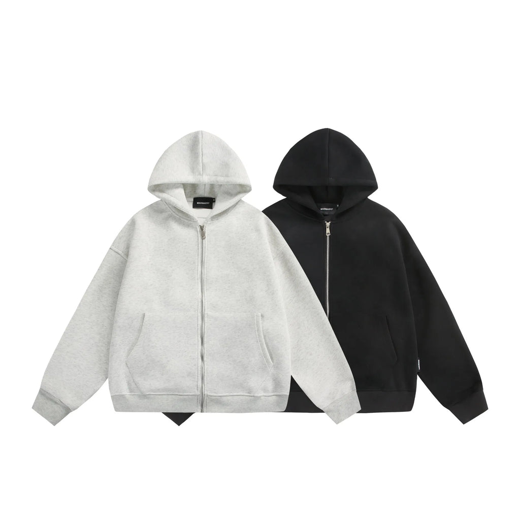 Loose fit cotton blend cardigan coat in black or melange grey with solid colour back and small bag design