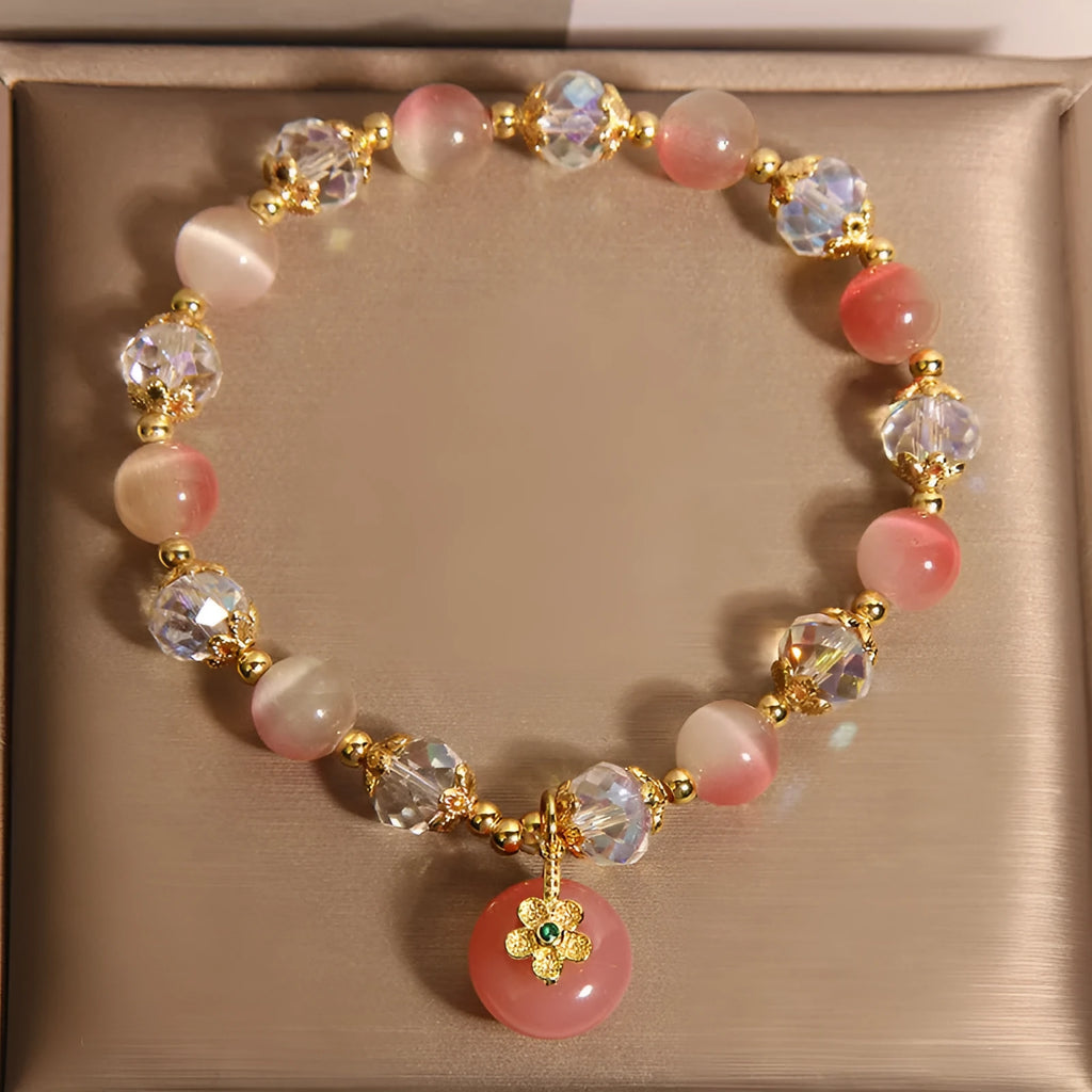 Gradually Varied Pink Opal Bracelet with crystal alloy inlay and peace buckle, women's Japanese Korean style
