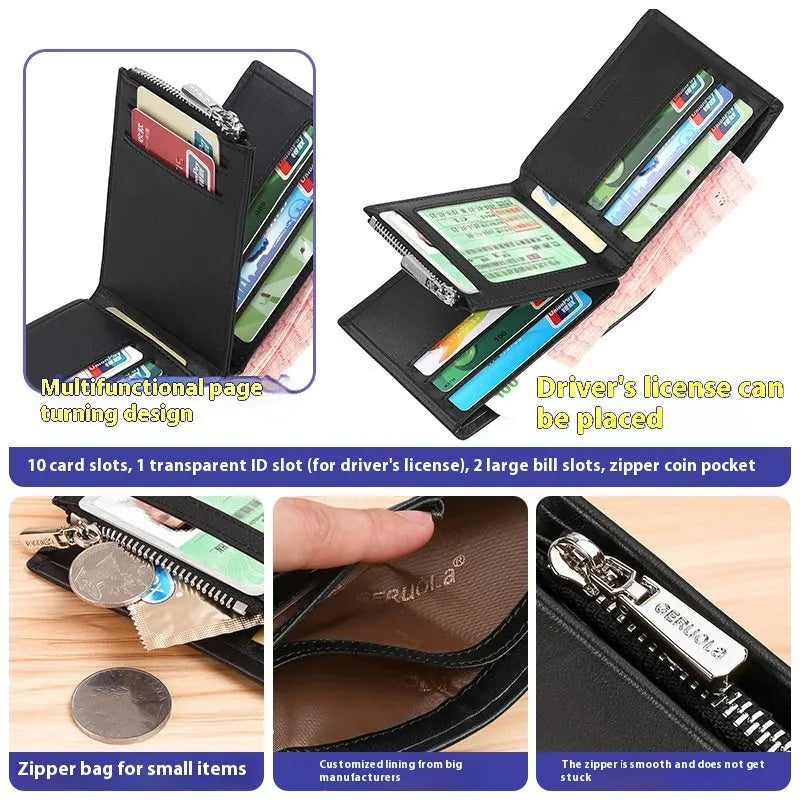 Men's short leather wallet with zipper closure showing rhombus pattern in brown colour